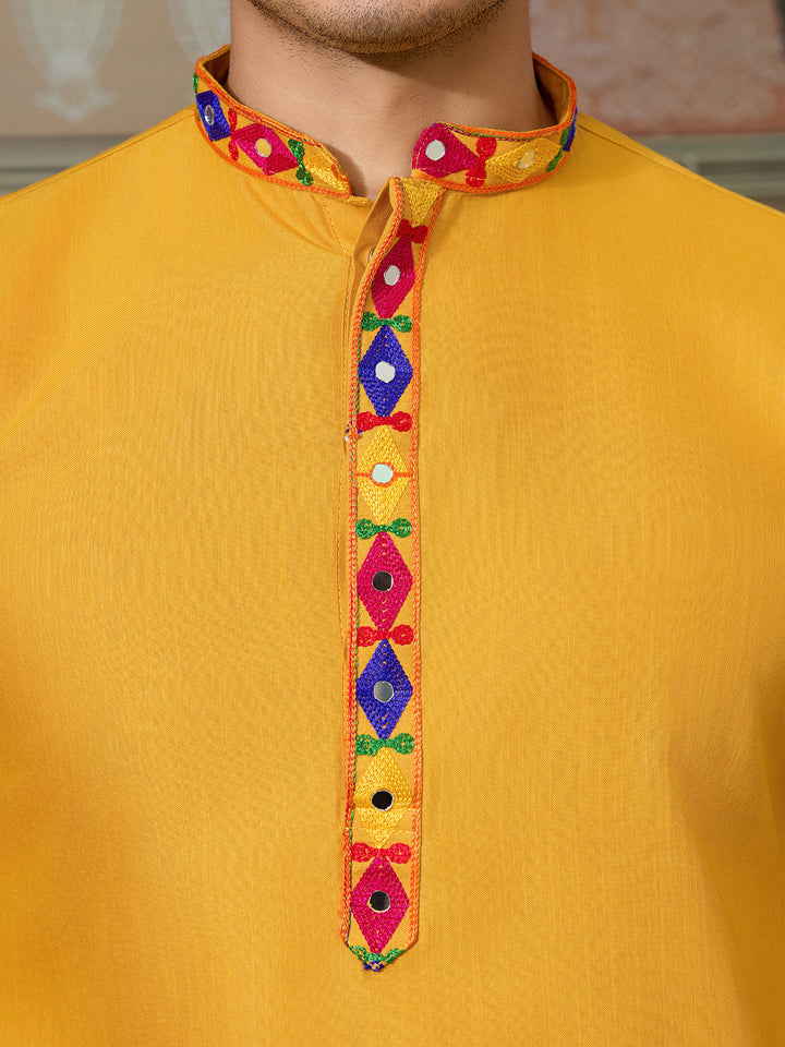 Yellow Cotton Silk Men’s Kurta with Multi-Thread & Mirror Work – Stylish Festive & Wedding Wear Outfit