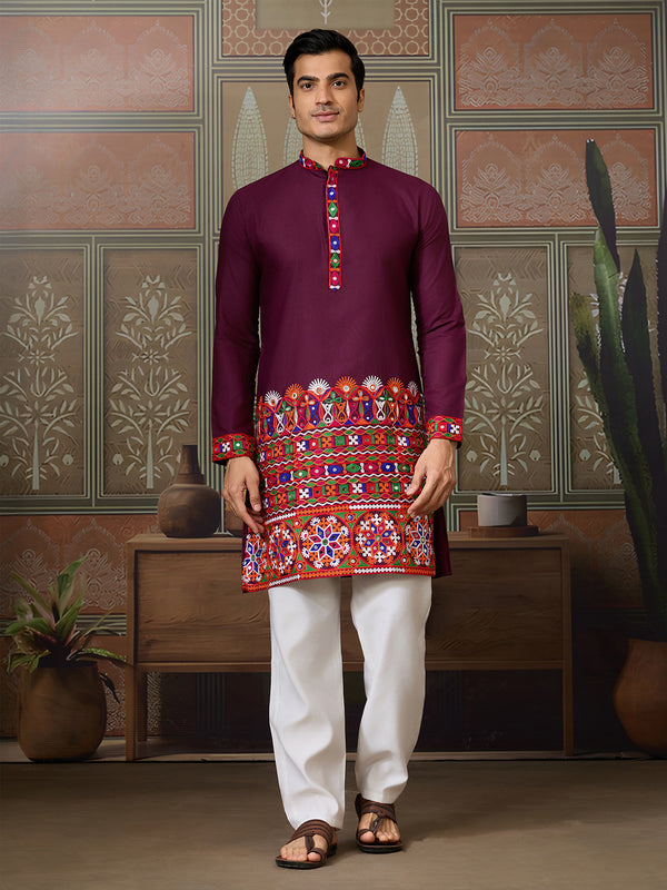 Designer Wine Cotton Silk Men's Navratri Kurta