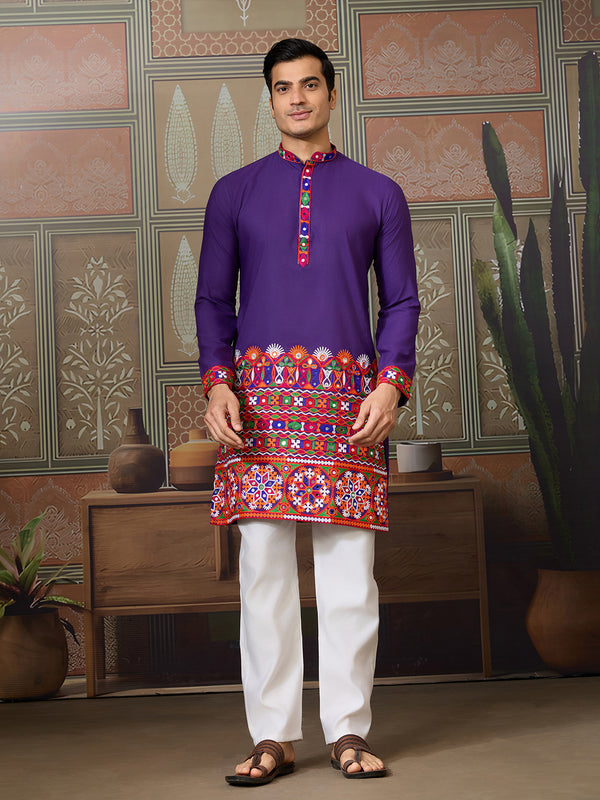 Navratri Traditional Wear Men's Purple Cotton Silk Kurta