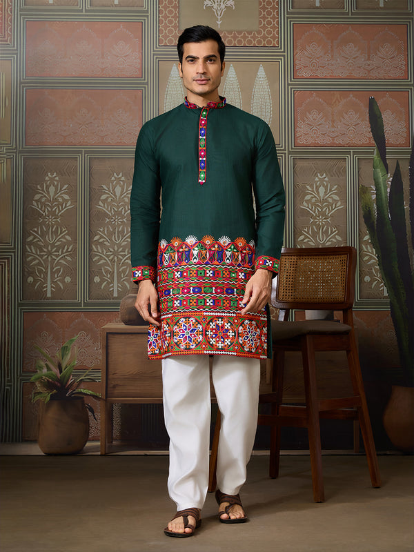 Garba Outfit Green Cotton Silk Kurta for Men with Multi-Thread & Mirror Work