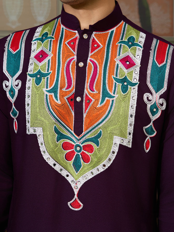 Purple Cotton Men’s Kurta with Multi-Thread & Mirror Work