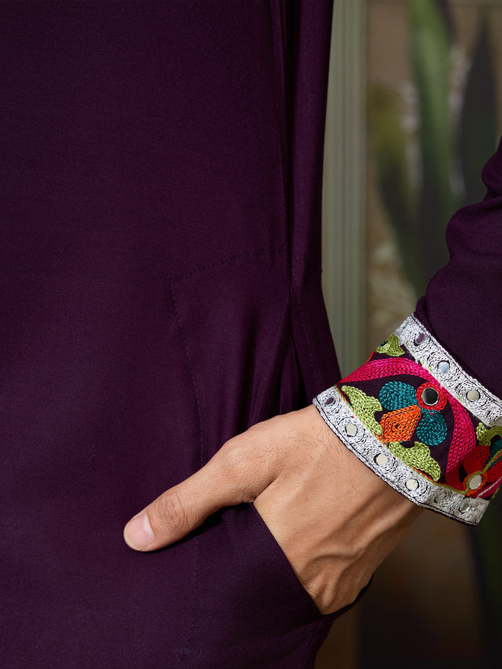 Purple Cotton Men’s Kurta with Multi-Thread & Mirror Work