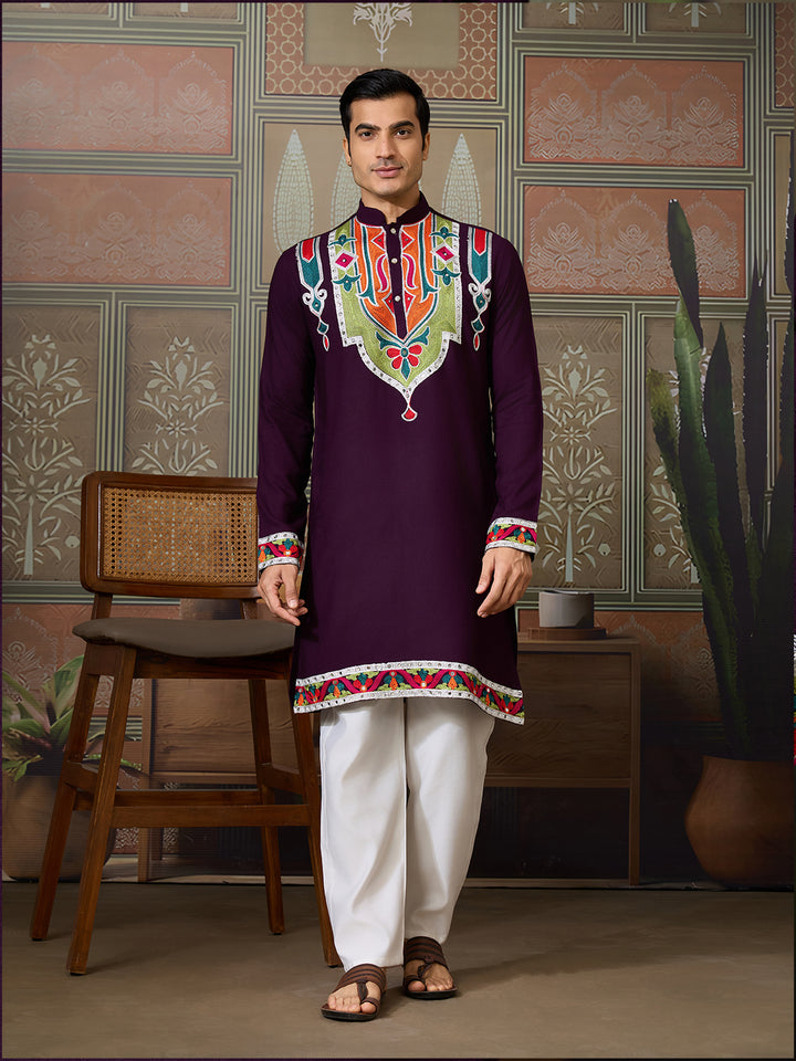 Purple Cotton Men’s Kurta with Multi-Thread & Mirror Work