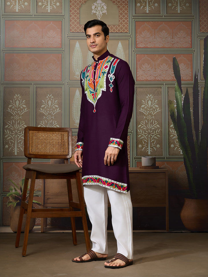 Purple Cotton Men’s Kurta with Multi-Thread & Mirror Work
