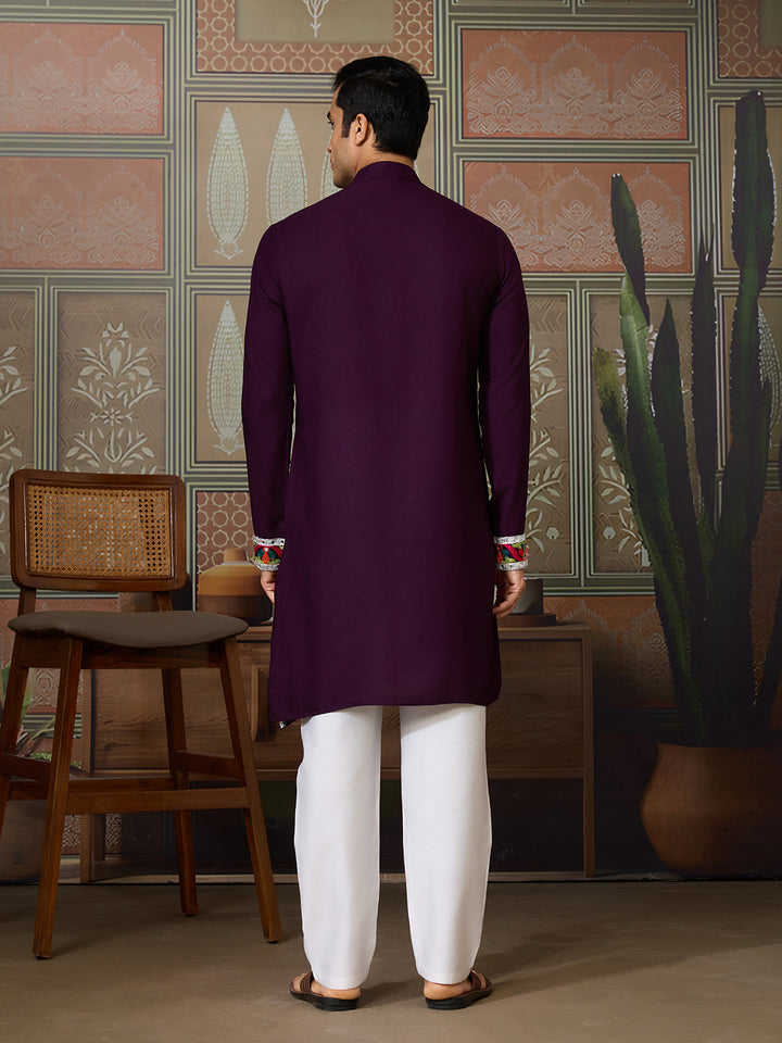 Purple Cotton Men’s Kurta with Multi-Thread & Mirror Work