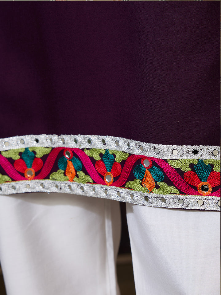Purple Cotton Men’s Kurta with Multi-Thread & Mirror Work