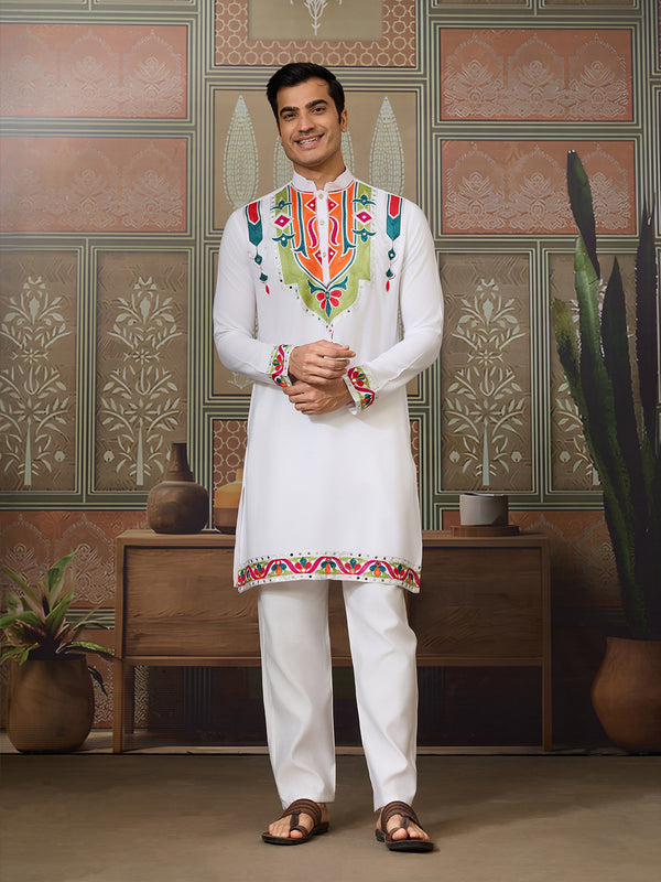 White Cotton Kurta for Men with Multi-Thread & Mirror Work | Festive & Wedding Ethnic Wear