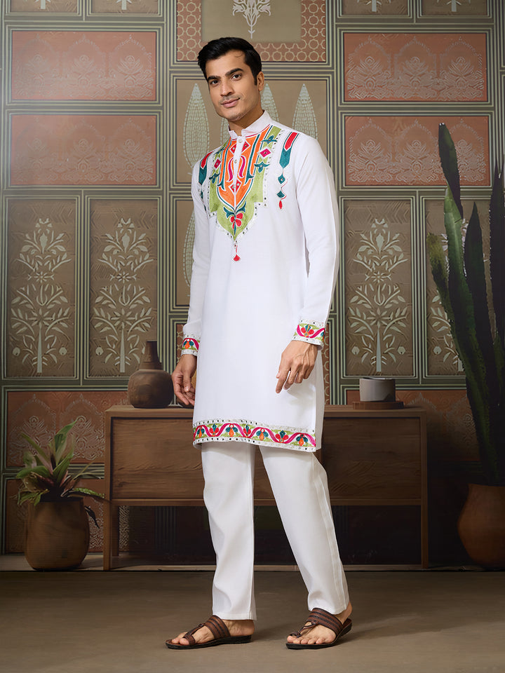 White Cotton Kurta for Men with Multi-Thread & Mirror Work | Festive & Wedding Ethnic Wear