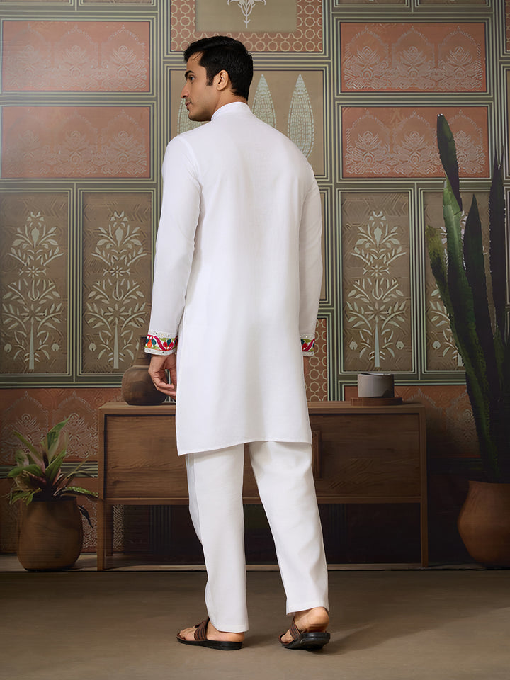White Cotton Kurta for Men with Multi-Thread & Mirror Work | Festive & Wedding Ethnic Wear