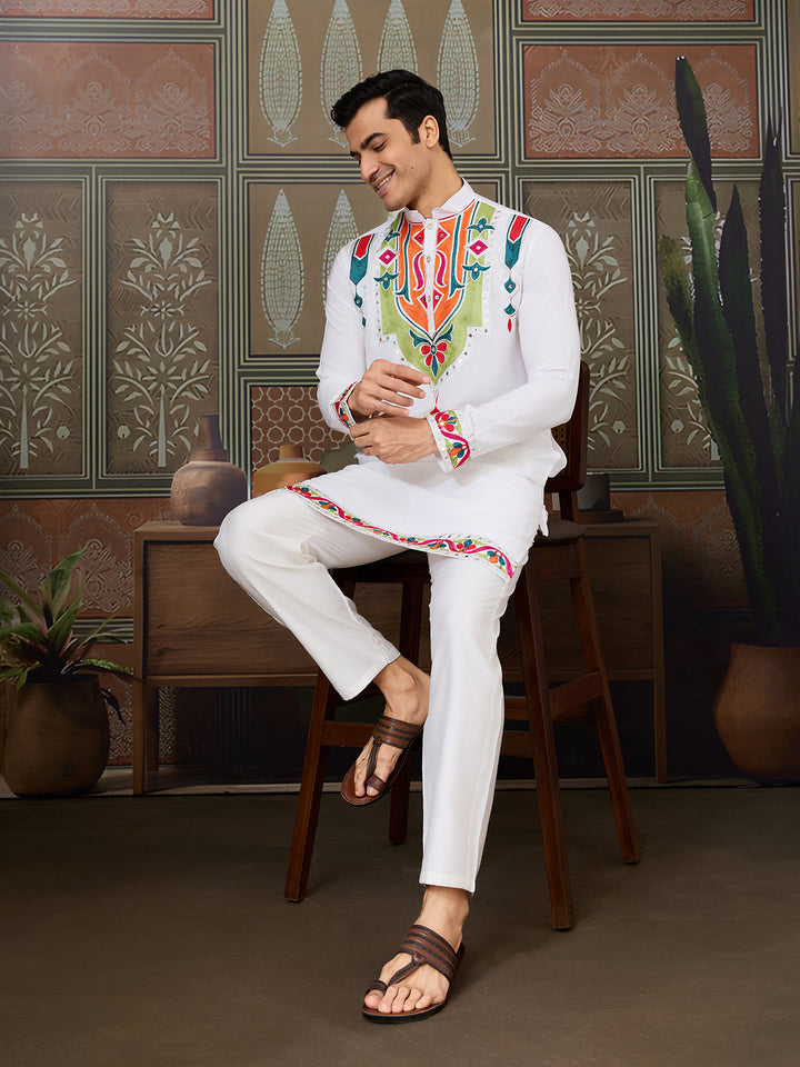 White Cotton Kurta for Men with Multi-Thread & Mirror Work | Festive & Wedding Ethnic Wear