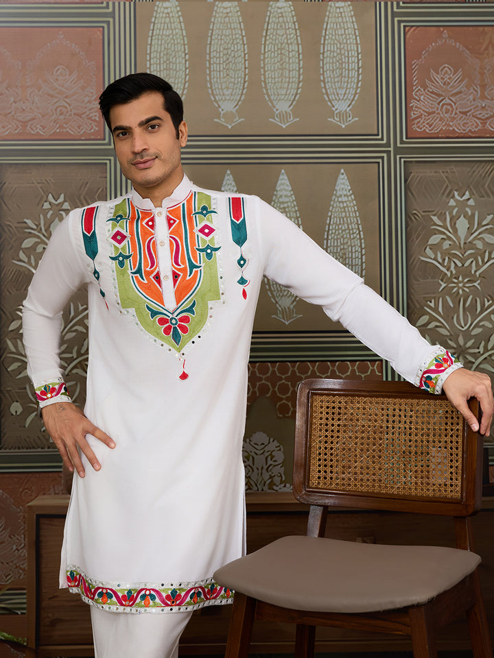 White Cotton Kurta for Men with Multi-Thread & Mirror Work | Festive & Wedding Ethnic Wear