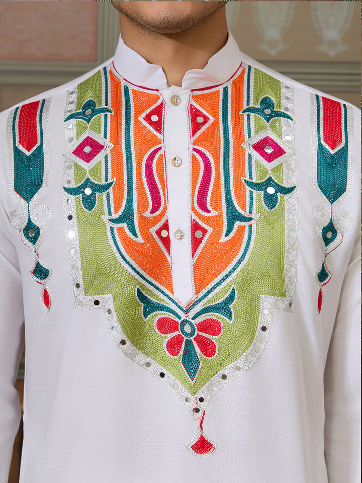White Cotton Kurta for Men with Multi-Thread & Mirror Work | Festive & Wedding Ethnic Wear