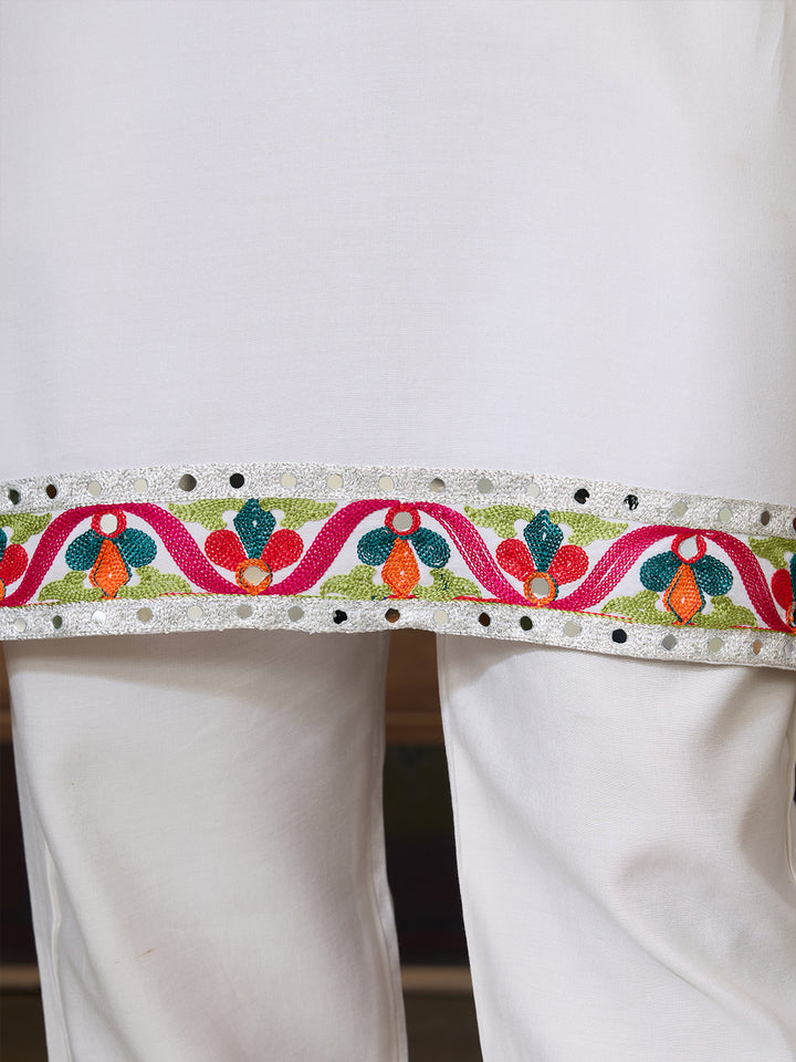 White Cotton Kurta for Men with Multi-Thread & Mirror Work | Festive & Wedding Ethnic Wear