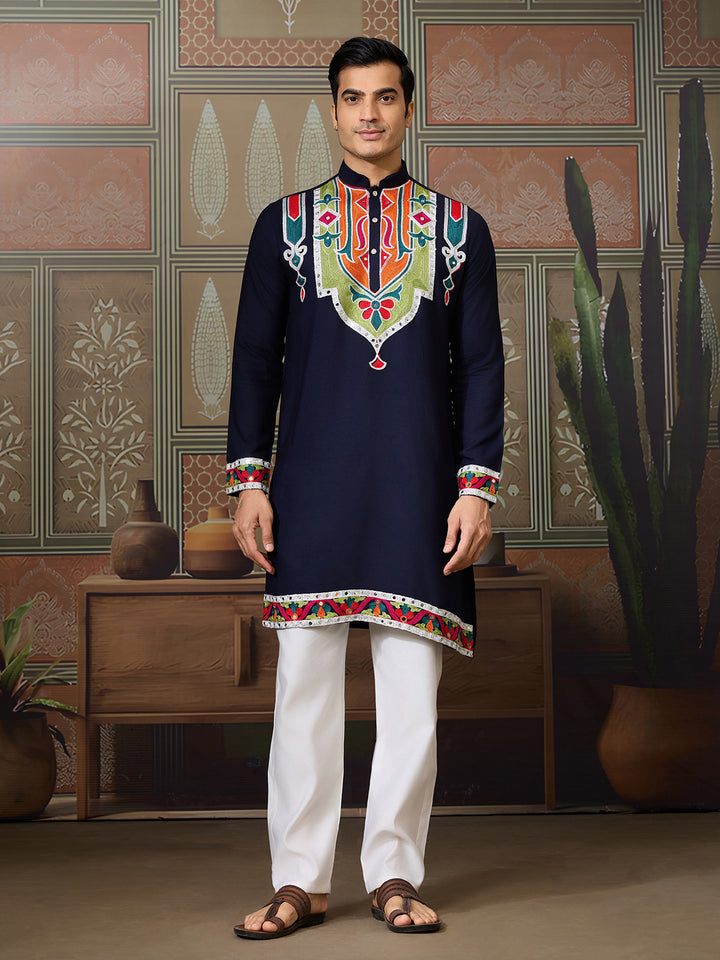 Navy Cotton Kurta for Men with Multi-Thread & Mirror Work