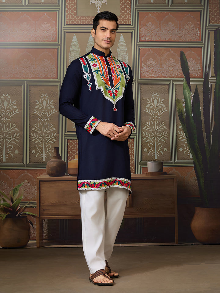 Navy Cotton Kurta for Men with Multi-Thread & Mirror Work