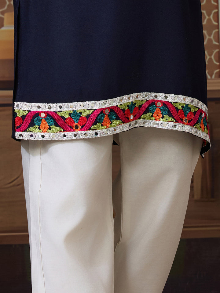 Navy Cotton Kurta for Men with Multi-Thread & Mirror Work
