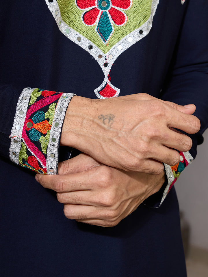 Navy Cotton Kurta for Men with Multi-Thread & Mirror Work