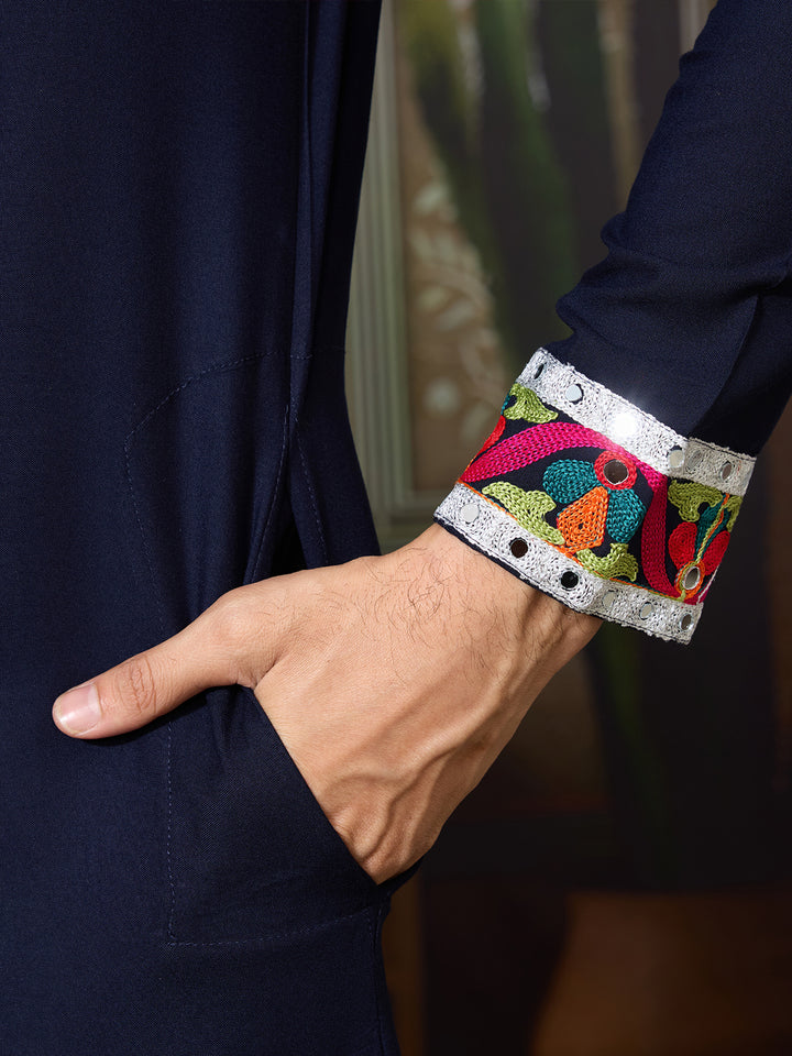 Navy Cotton Kurta for Men with Multi-Thread & Mirror Work
