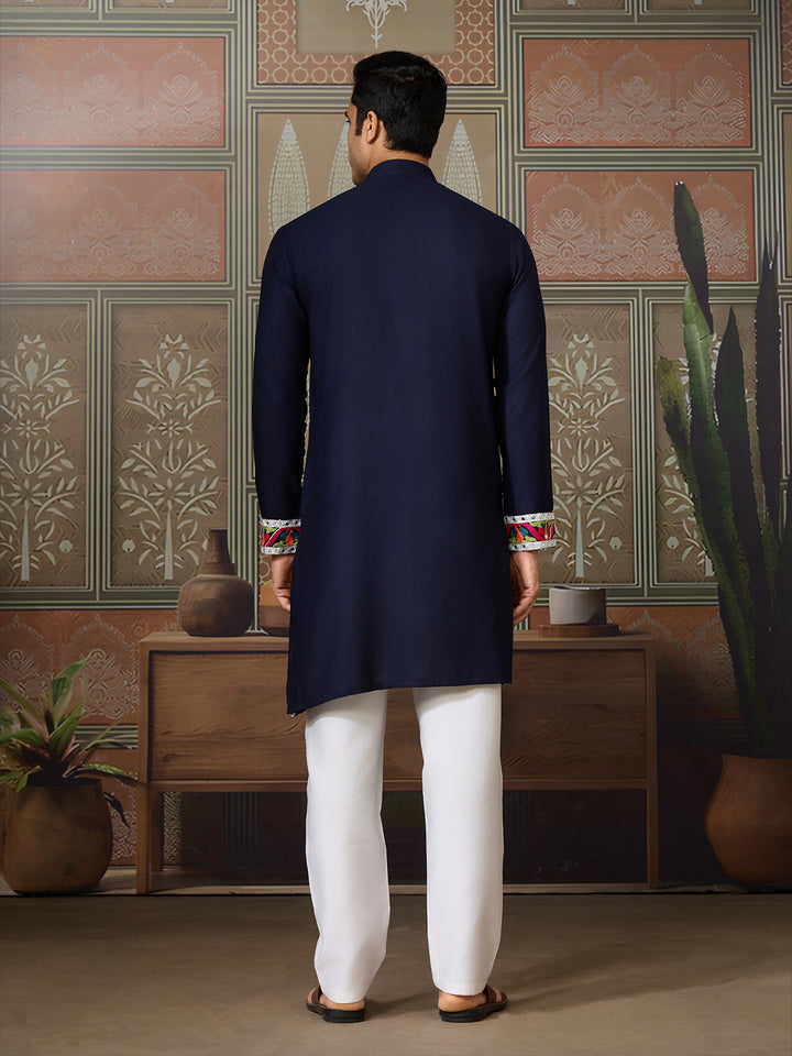 Navy Cotton Kurta for Men with Multi-Thread & Mirror Work