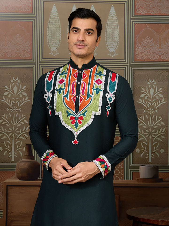 Green Cotton Kurta for Men with Multi-Thread & Mirror Work – Festive & Wedding Ethnic Wear