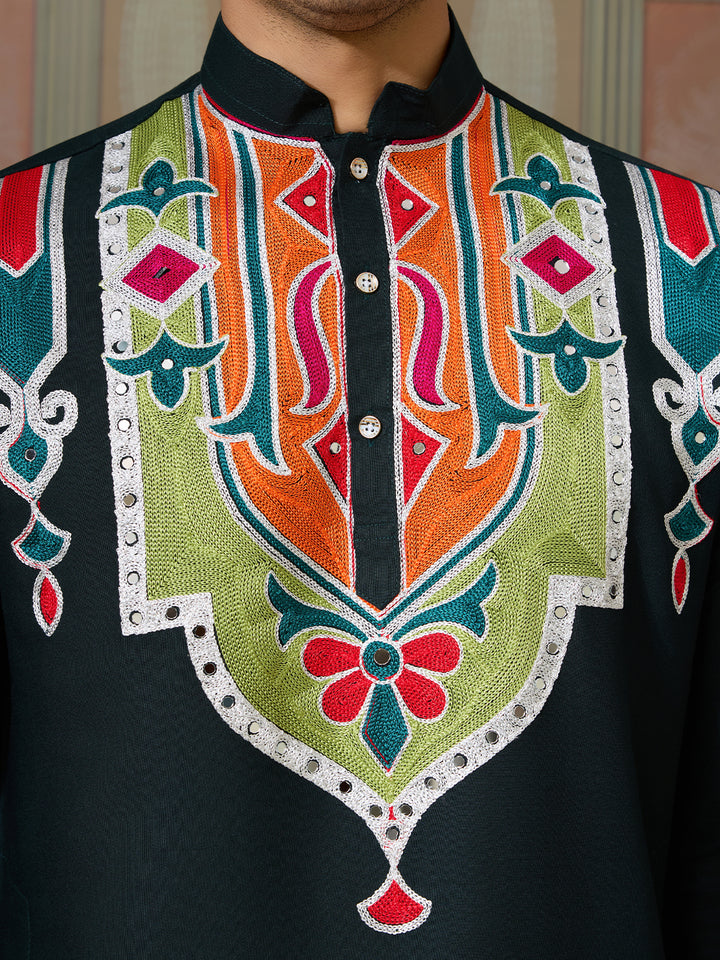 Green Cotton Kurta for Men with Multi-Thread & Mirror Work – Festive & Wedding Ethnic Wear
