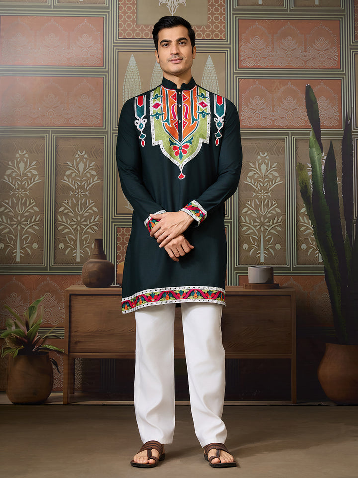 Green Cotton Kurta for Men with Multi-Thread & Mirror Work – Festive & Wedding Ethnic Wear