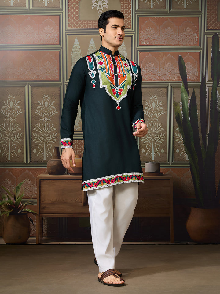 Green Cotton Kurta for Men with Multi-Thread & Mirror Work – Festive & Wedding Ethnic Wear