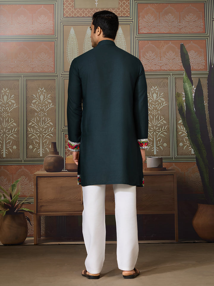 Green Cotton Kurta for Men with Multi-Thread & Mirror Work – Festive & Wedding Ethnic Wear