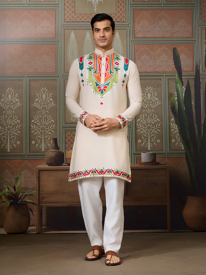 Men’s Cream Cotton Kurta with Multi-Thread & Mirror Work – Stylish Festive