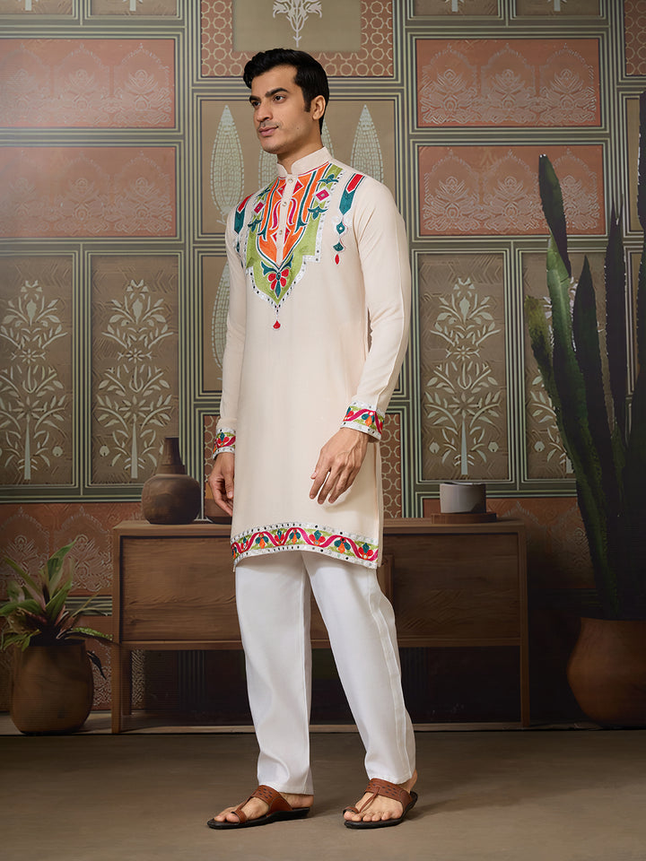 Men’s Cream Cotton Kurta with Multi-Thread & Mirror Work – Stylish Festive