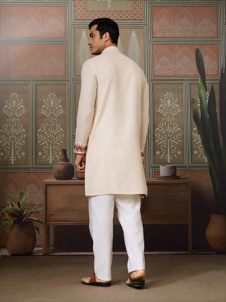 Men’s Cream Cotton Kurta with Multi-Thread & Mirror Work – Stylish Festive