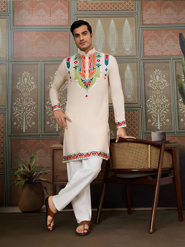 Men’s Cream Cotton Kurta with Multi-Thread & Mirror Work – Stylish Festive