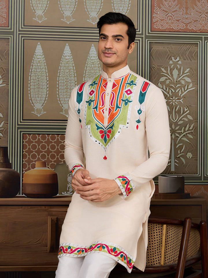 Men’s Cream Cotton Kurta with Multi-Thread & Mirror Work – Stylish Festive