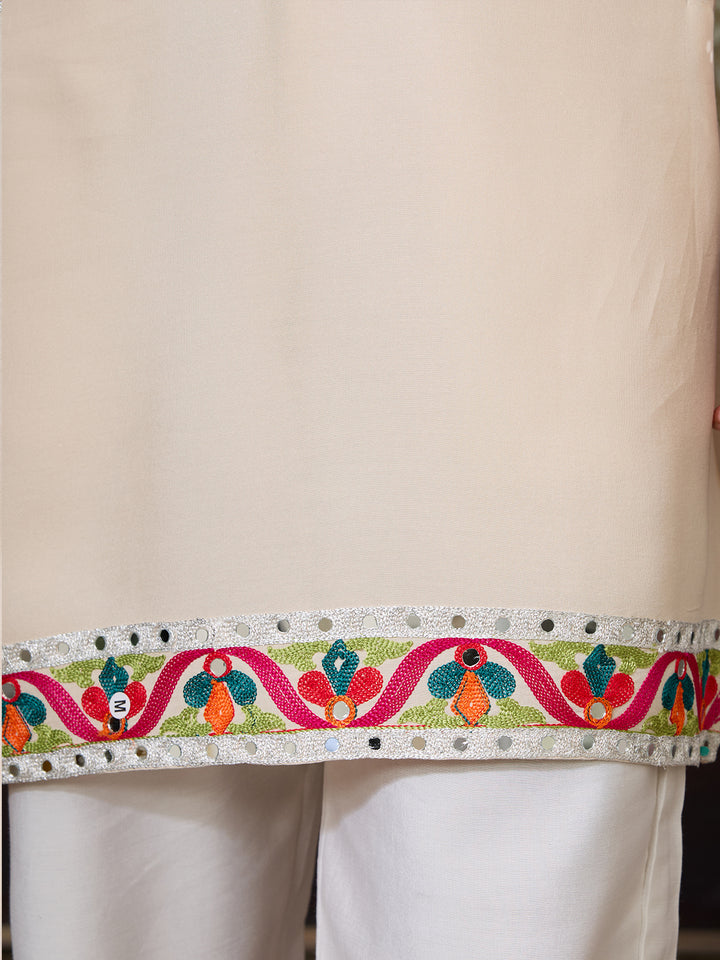 Men’s Cream Cotton Kurta with Multi-Thread & Mirror Work – Stylish Festive