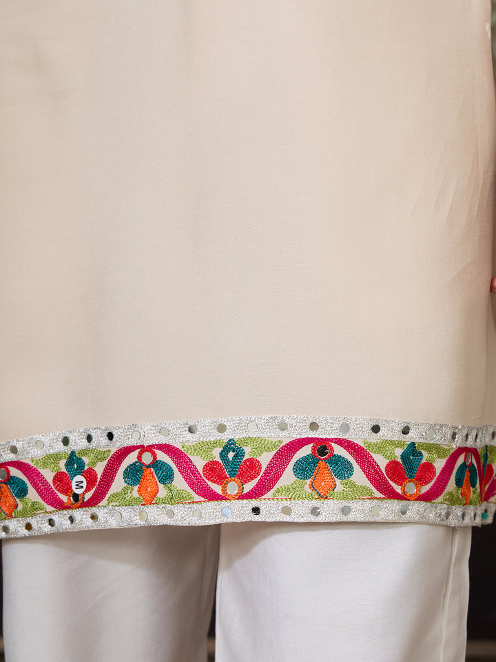 Men’s Cream Cotton Kurta with Multi-Thread & Mirror Work – Stylish Festive