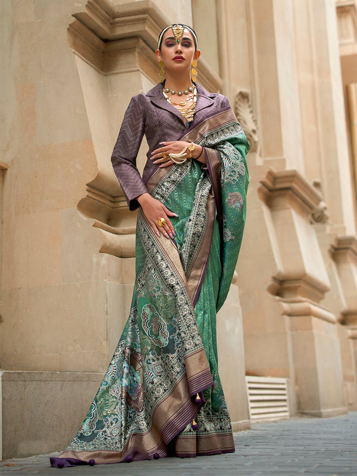 Dark Green Poly Viscose Silk Foil Print Saree with Grey Silk Blouse | Wedding & Festive Wear