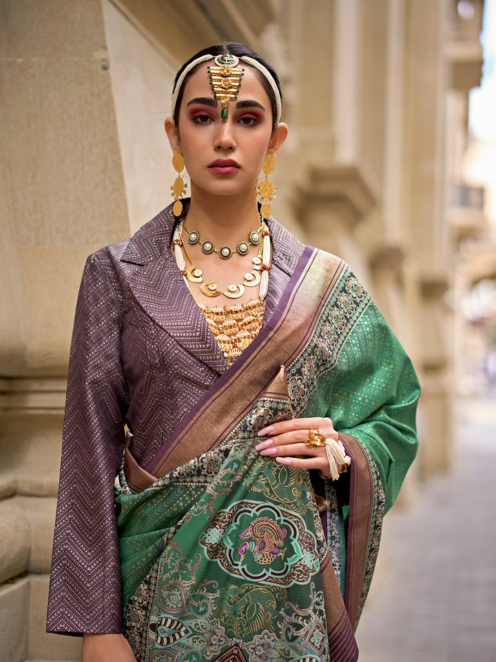 Dark Green Poly Viscose Silk Foil Print Saree with Grey Silk Blouse | Wedding & Festive Wear