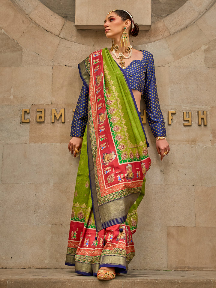 Green Poly Viscose Silk Saree with Foil Print | Blue Contrast Blouse for Wedding & Festival