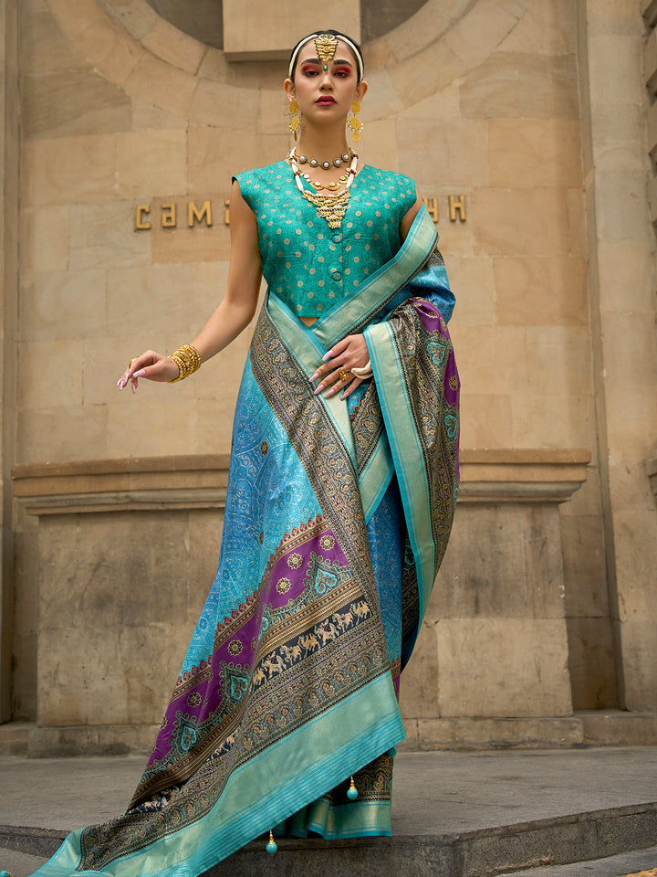 blue poly viscose silk foil print saree teal green silk blouse wedding festival wear blue foil print poly silk saree with contrast blouse for festive occasions