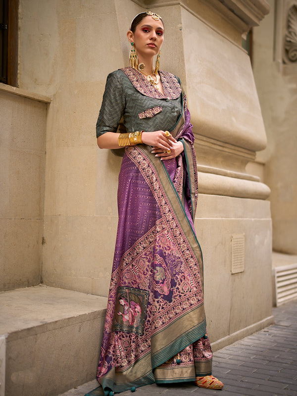 Purple Poly Viscose Silk Saree with Foil Print | Green Silk Blouse | Wedding & Festival Wear