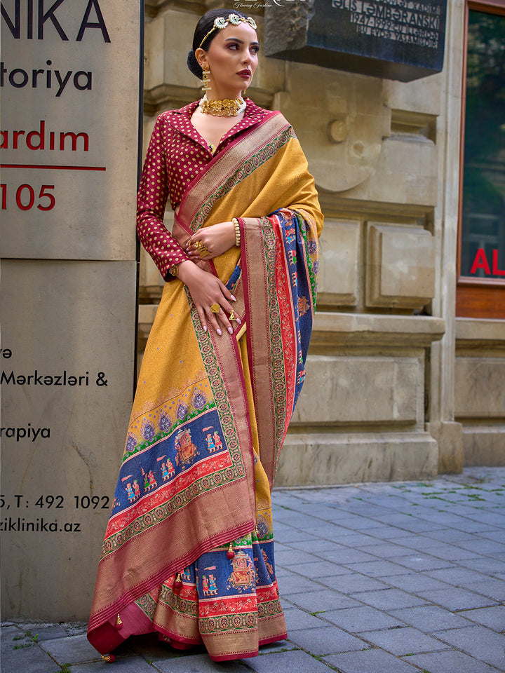 Yellow Poly Viscose Silk Foil Print Saree with Red Blouse for Wedding & Festival Wear
