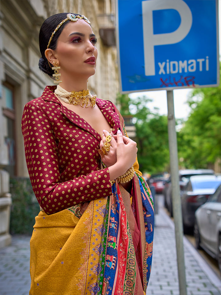 Woman in traditional attire standing on a street with a 'P' sign in the background
