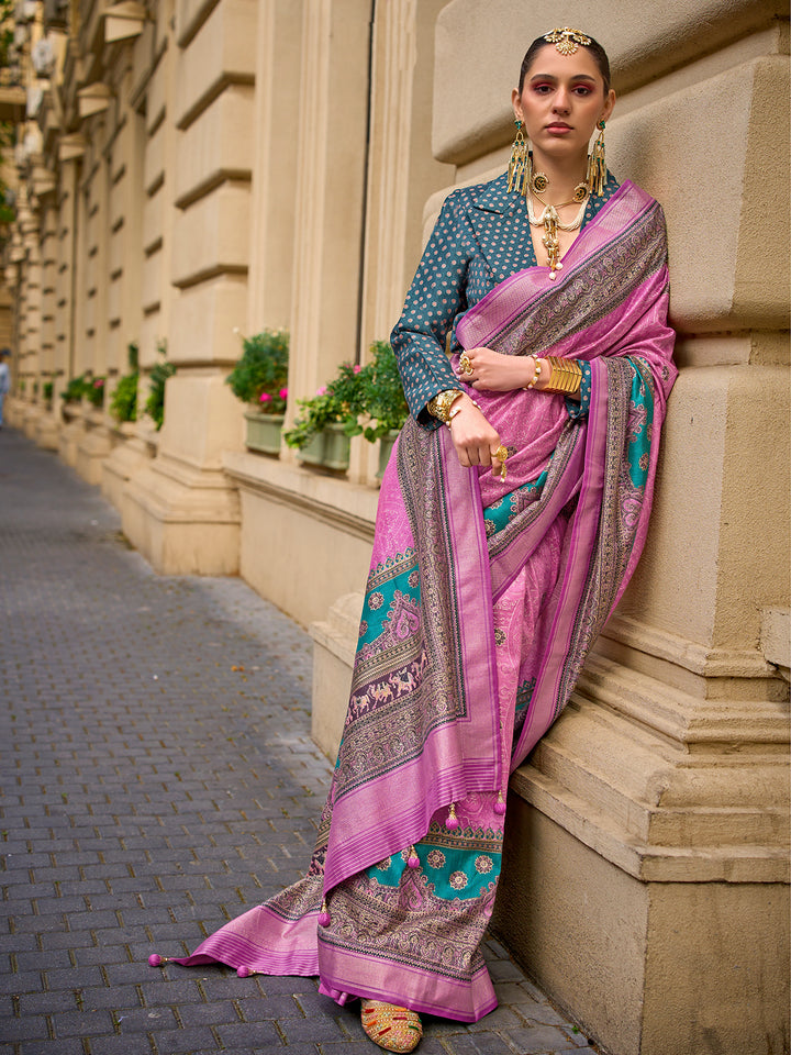 Pink Poly Viscose Silk Saree with Foil Print & Blue Contrast Blouse | Wedding & Festival Wear