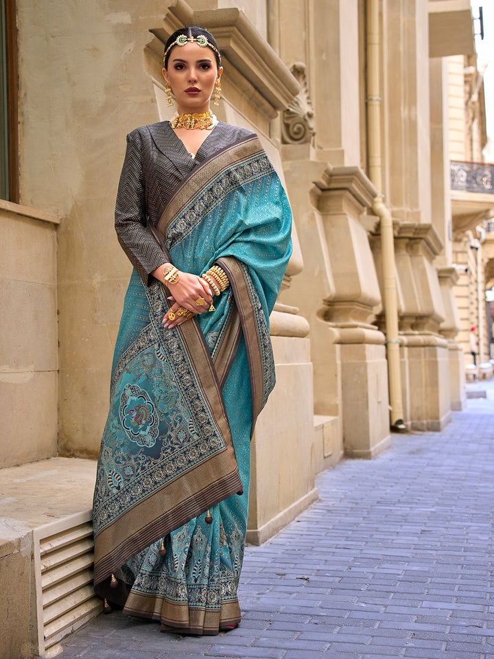 Foil Printed Blue Poly Viscose Silk Saree for Wedding & Festive Wear