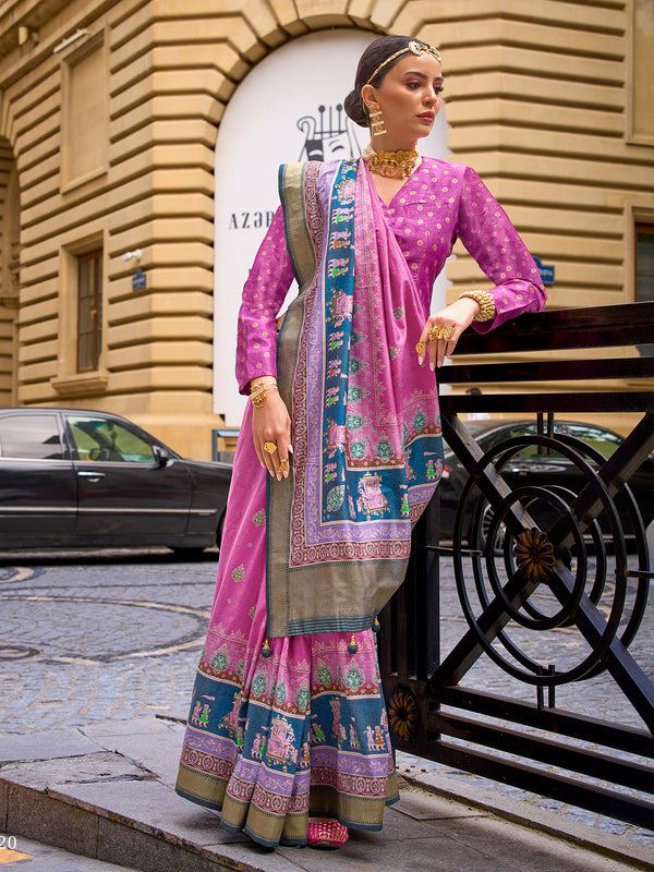 Pink Poly Viscose Silk Saree with Foil Print | Wedding & Festival Wear Sari