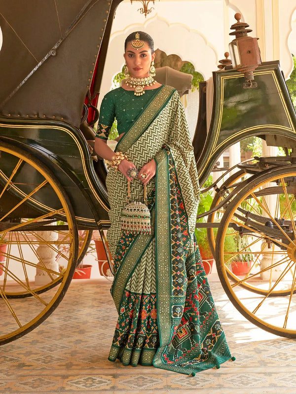 Green Patola Silk Saree with Designer Hathi Pallu for Festivals And Weddings