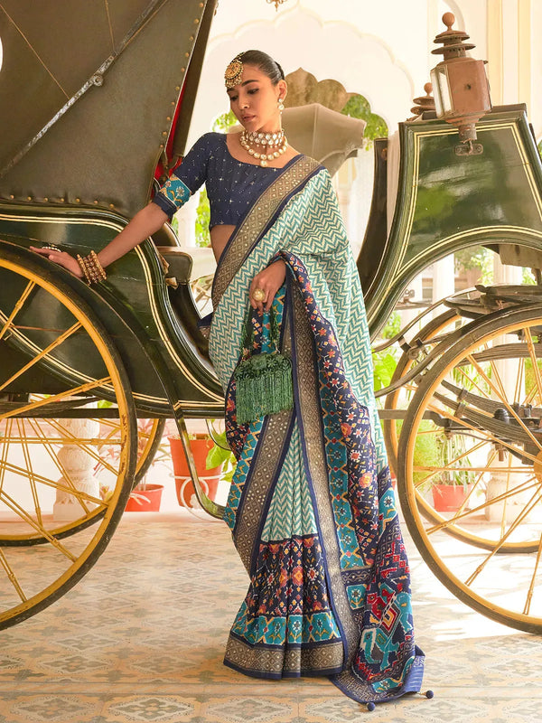 Teal & Navy blue Patola Silk Saree with Designer Hathi Pallu for Festivals And Weddings