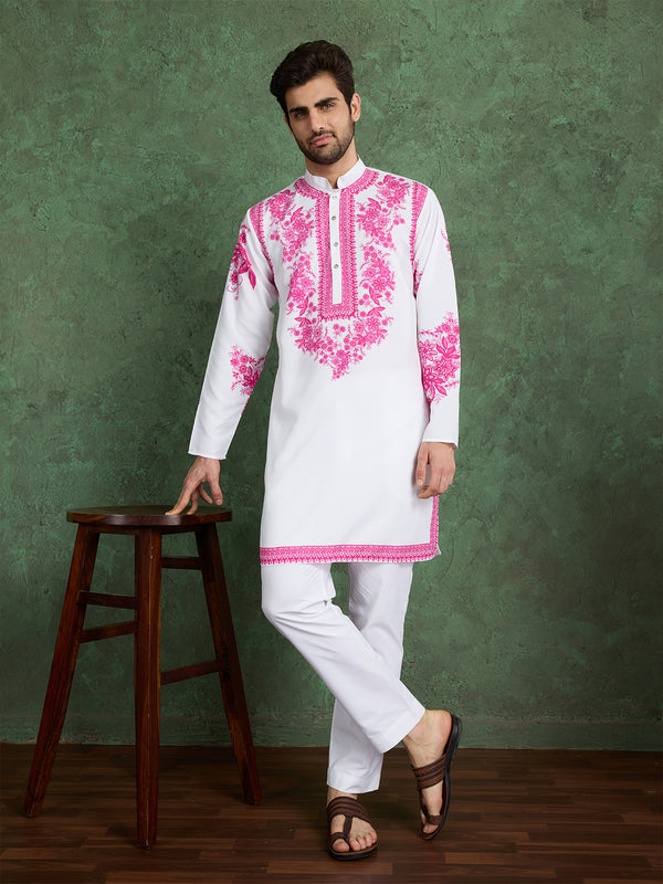White & Pink Digital Print Men's Wedding Kurta in Viscose Rayon – Ethnic Wear for Groom & Festive Occasions