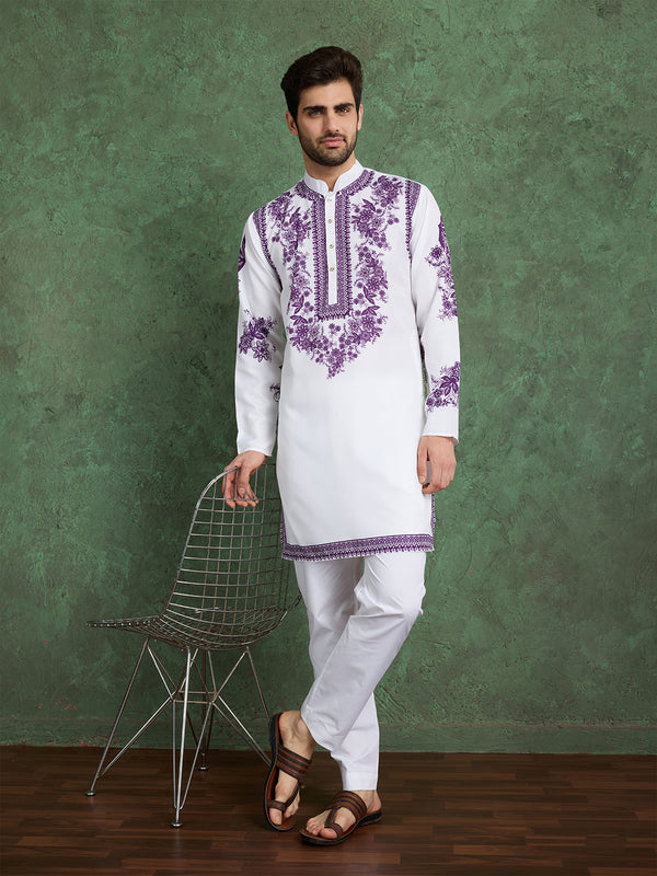 Men's White & Purple Viscose Rayon Wedding Kurta with Digital Print Work – Elegant Ethnic Wear for Special Occasions