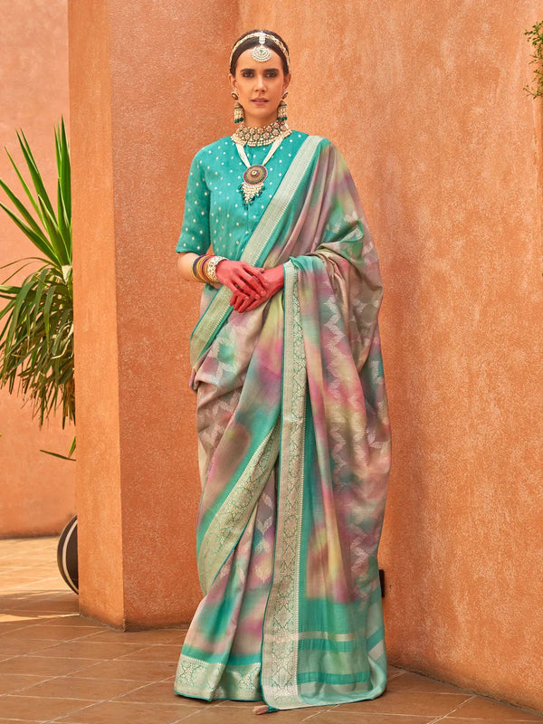 Multi Color Silk Foil Print Designer Saree with Aqua Green Blouse For Festival Wear